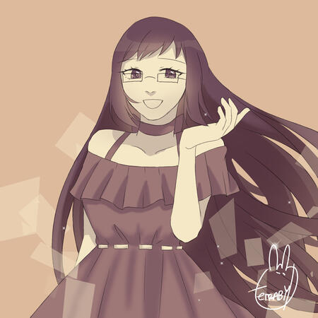 By: @terrabyd A persona art for Kirana's birthday gift. A girl with long-black hair, glasses, and off-shoulder black ruffled dress.