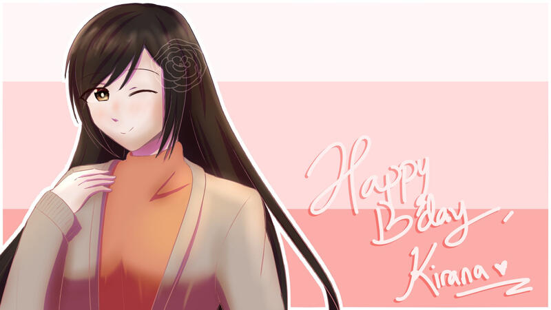 A girl with long black hair, wearing a red-ish turtleneck top and a long light green cardigan.