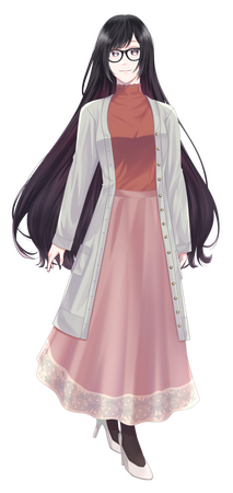 Kirana's persona art PNG for reference sheet. A glasses-wearing girl with long black hair, red-ish turtleneck top, pink laced long skirt, and long light green cardigan. Paired with black tights and white high-heels.