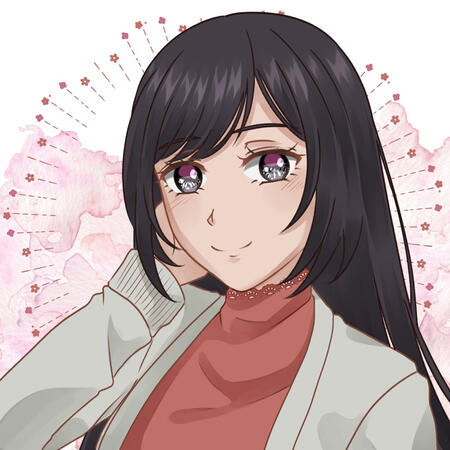 A girl with long black hair, black eyes, wearing a red-ish turtleneck top paired with a light green cardigan.